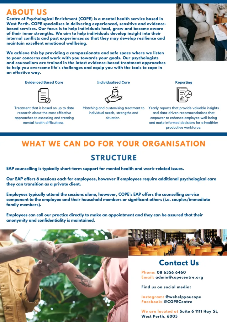 Our EAP not only supports leaders in the work environment but also supports leaders in making links within work to parts of their lives outside of work, adding a holistic aspect to their decision-making. Leaders, your mental health matters.